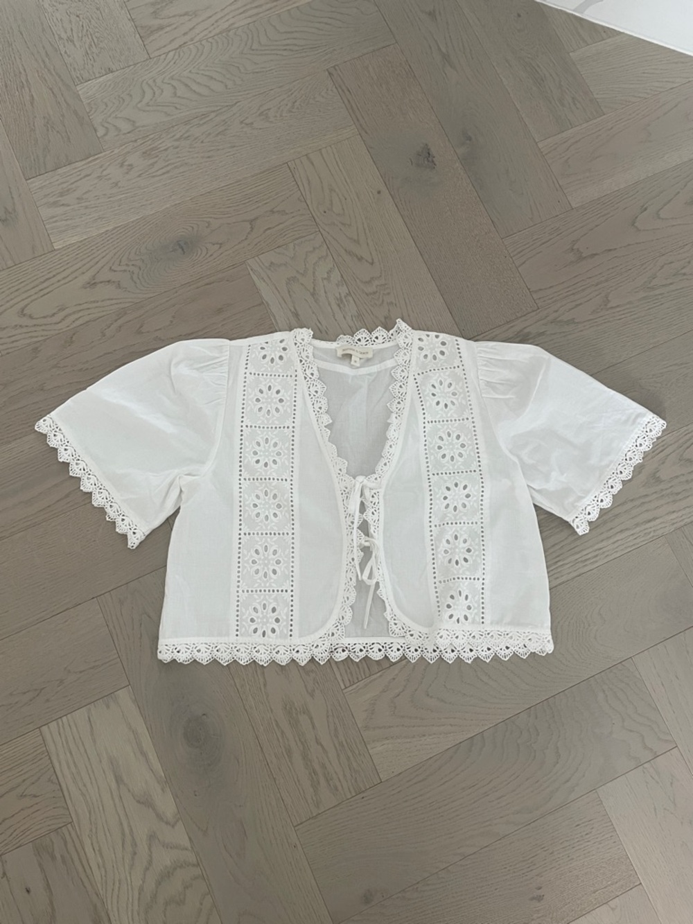 White Lace-Trim Tie-Front Women's Top